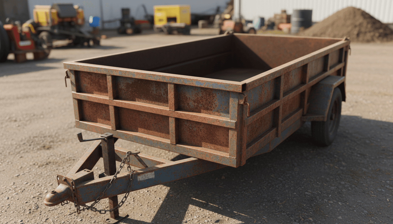 14-ft dump bed trailer parked in bright natural light, ready for rental